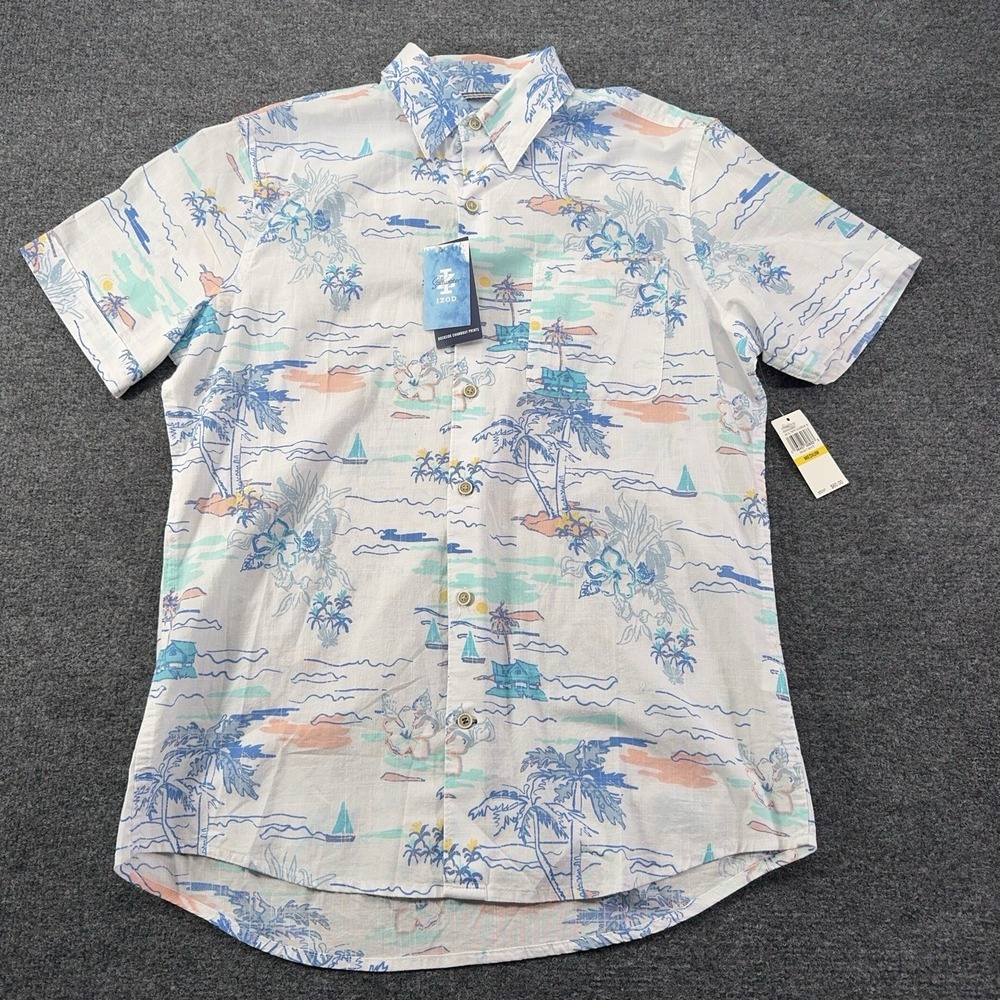 NEW IZOD SALTWATER Medium shirt white short sleeve STRETCH EASY CARE men's NWT
